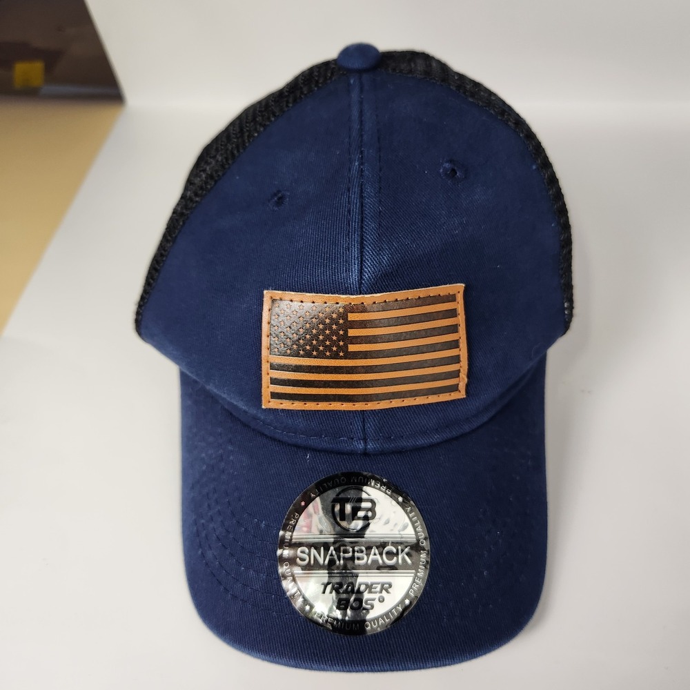 TRADER BOS Hat‎ Cap Snap Back Blue Black Mesh Trucker Patch American Flag Mens
